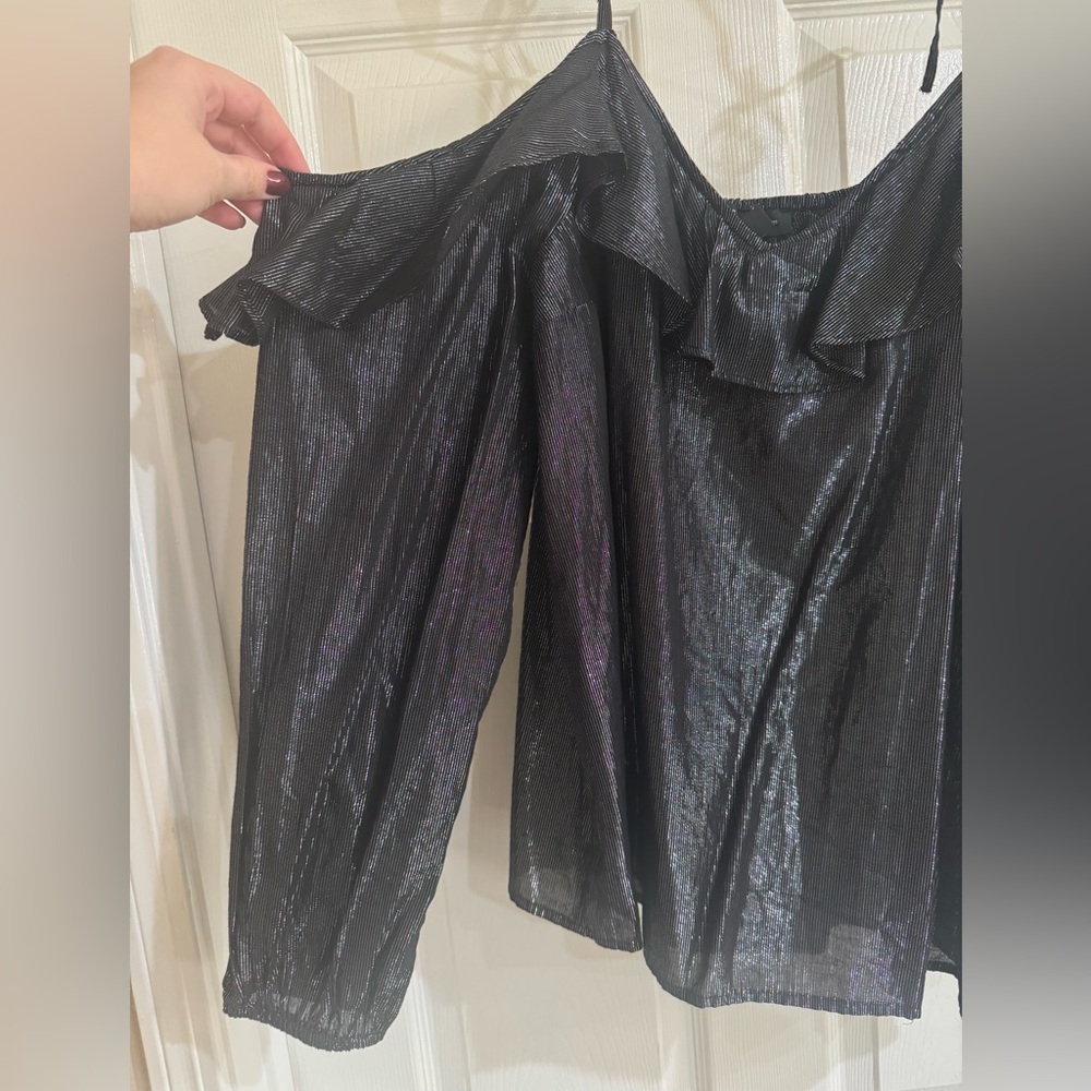 Shimmering Black Open Shoulder Top